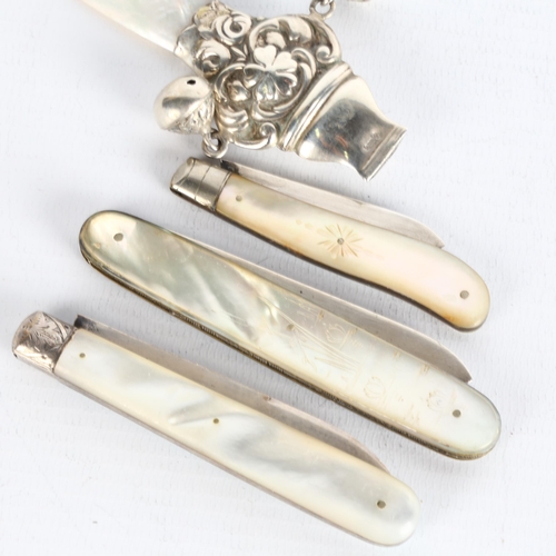 1733 - Various silver, including mother-of-pearl handled baby's whistle/rattle, and 3 mother-of-pearl fruit... 