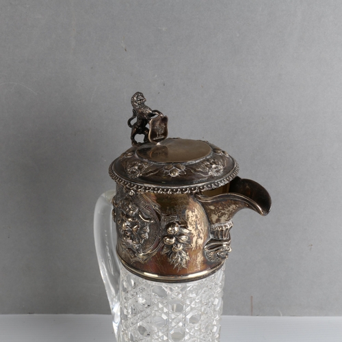 1753 - A Victorian silver-mounted hobnail glass trumpet Claret jug, John Wilmin Figg, London 1859, the hing... 