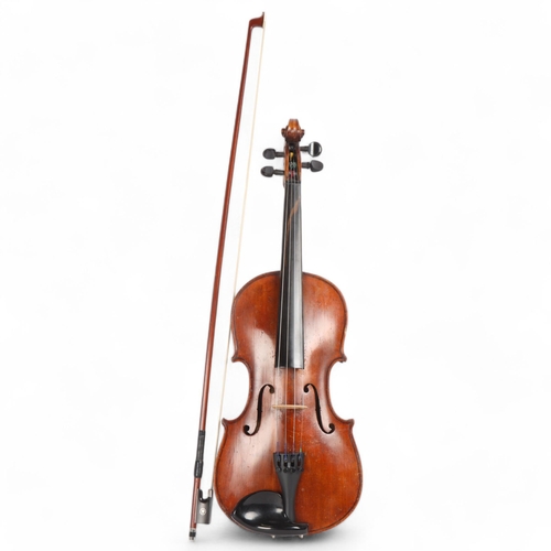 224 - Full-size violin, early to mid-20th century, body length 35.5cm, no maker's marks, together with an ... 