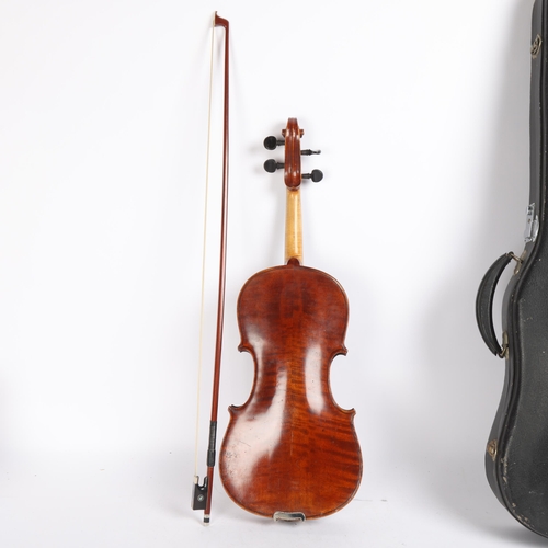 224 - Full-size violin, early to mid-20th century, body length 35.5cm, no maker's marks, together with an ... 