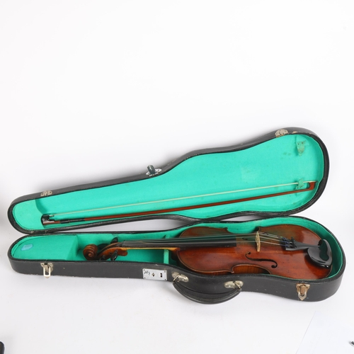 224 - Full-size violin, early to mid-20th century, body length 35.5cm, no maker's marks, together with an ... 