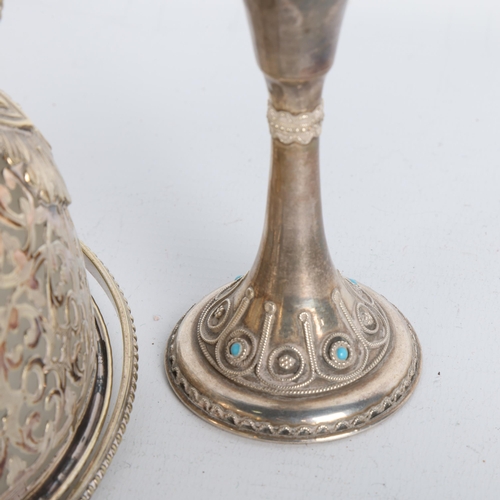 476 - An Israeli sterling silver turquoise candlestick, 9cm, a silver plated sugar basket, etc