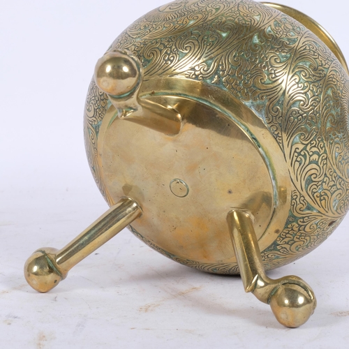 121 - A 19th century Chinese brass censer, the 3 legged base terminating in hand clutching balls, the body... 