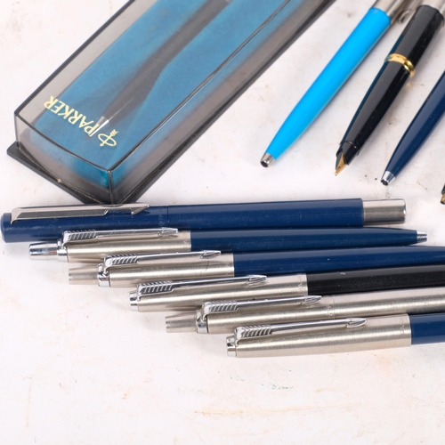 169 - A group of various biros and pens, including a Parker Vacumatic fountain pen with 14ct gold nib