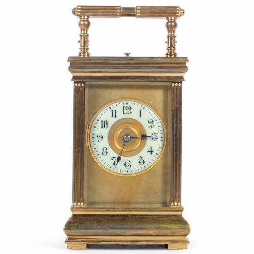 175 - A French brass-cased repeating carriage clock, with lever striking movement, white enamelled dial wi... 