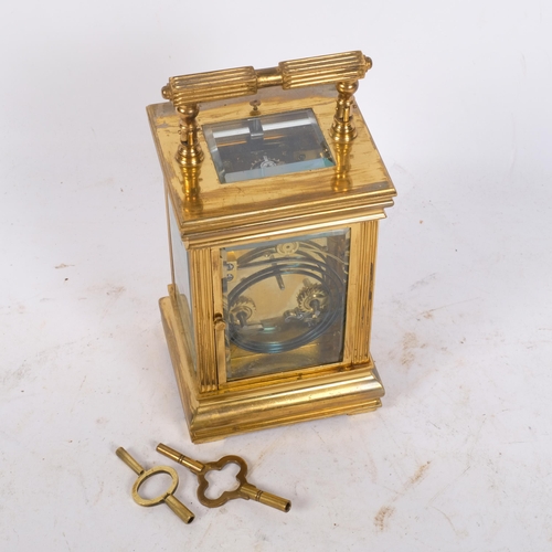 175 - A French brass-cased repeating carriage clock, with lever striking movement, white enamelled dial wi... 