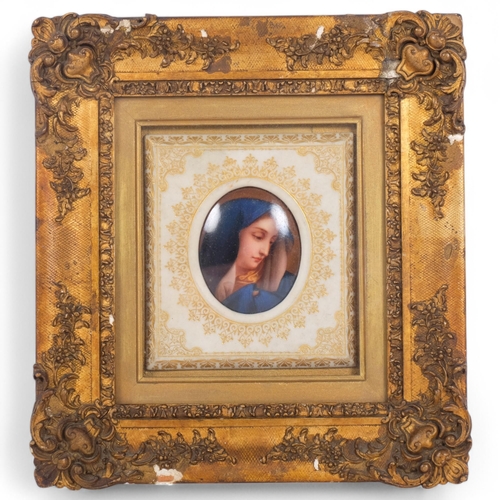 190 - An Antique miniature oval watercolour on ceramic panel, depicting a young girl in a blue cape and ho... 