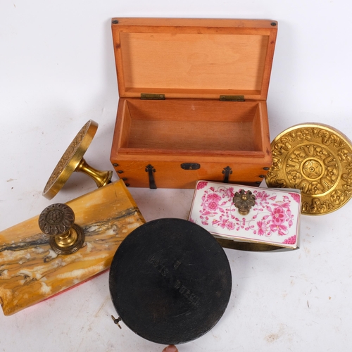 191 - A box of various items, including a pair of Victorian chased and gilded brass curtain ties, a Victor... 