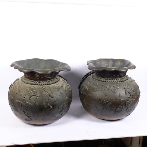 32 - WITHDRAWN - A large pair of Japanese patinated bronze 'Hotei Sack' jardinieres, Meiji Period, in the... 