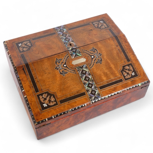 6 - An Antique Victorian inlaid mahogany and burr-walnut travelling writing slope, with inlaid wirework ... 