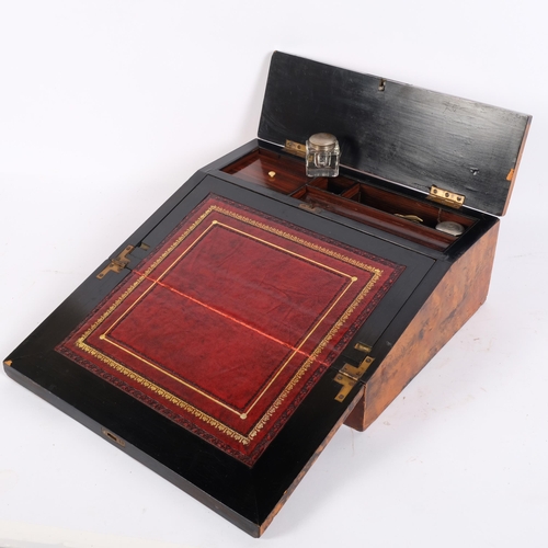 6 - An Antique Victorian inlaid mahogany and burr-walnut travelling writing slope, with inlaid wirework ... 