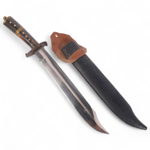 61 - A Vintage horn and bone-handled hunting knife, with leather scabbard, blade length 26cm