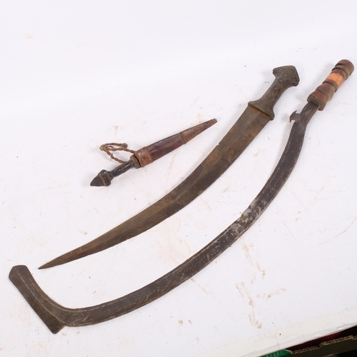 63 - 3 African blades, comprising sickle sword, Indian Talwar, and North African dagger with leather shea... 