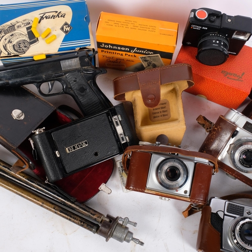 206 - A group of various cameras, including a Franka, an Agfa Kodak folding camera, a telescopic tripod, a... 