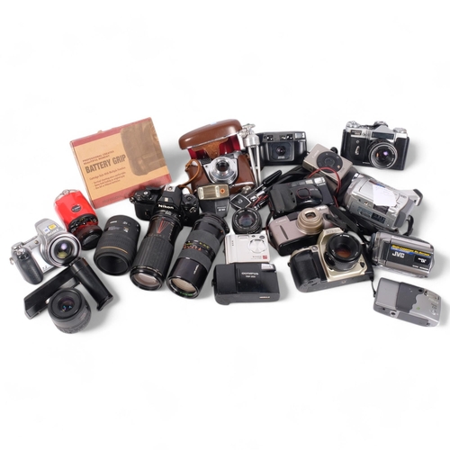 215 - A tray of mixed Vintage cameras and lenses, to including a Nikon M90, Fujifilm F401, camcorders, etc