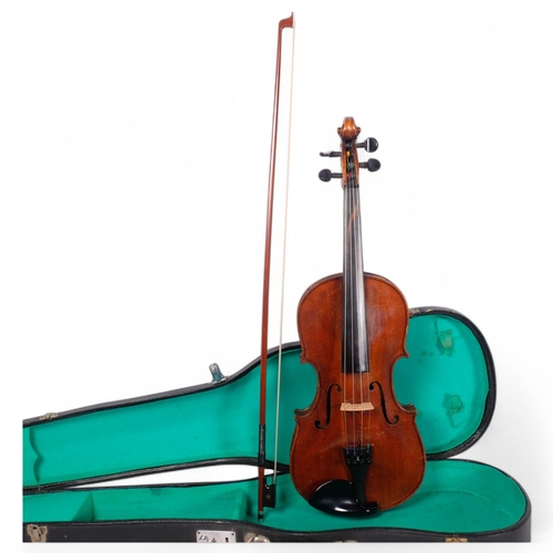 224 - Full-size violin, early to mid-20th century, body length 35.5cm, no maker's marks, together with an ... 