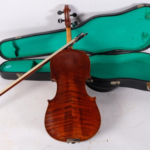 224 - Full-size violin, early to mid-20th century, body length 35.5cm, no maker's marks, together with an ... 