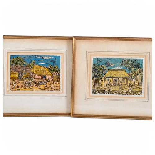 235 - ELIEZER CANUL - 2 coloured woodblock prints, depicting village scenes, images 15cm x 20cm, 29cm x 32... 