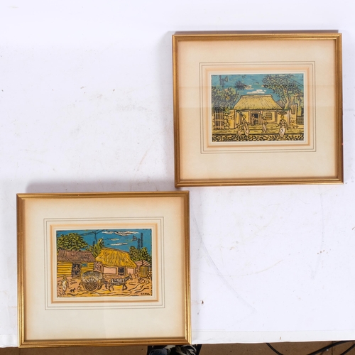 235 - ELIEZER CANUL - 2 coloured woodblock prints, depicting village scenes, images 15cm x 20cm, 29cm x 32... 