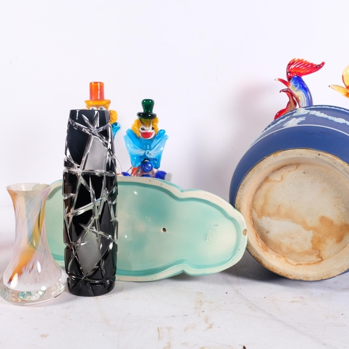 254 - 2 Murano style glass clowns, tallest 25cm, glass vases and cockerels, a Poole Pottery yacht, and a W... 