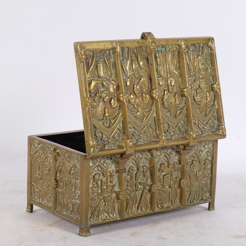 264 - Ornate cast-brass jewel casket in Medieval style (missing key), 15.5cm across