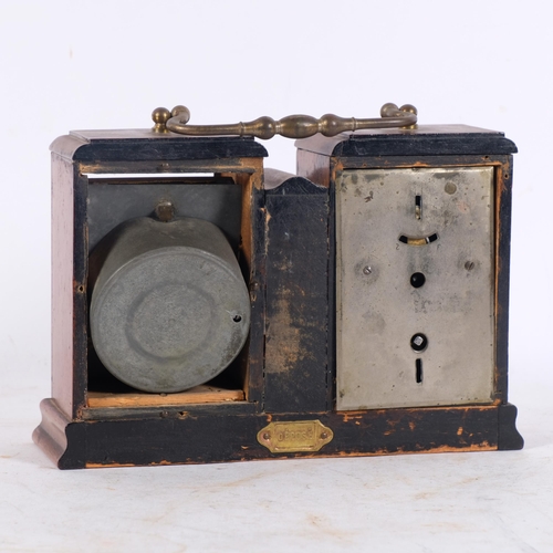 266 - A French mahogany-cased travelling clock, with barometer and thermometer, with brass carrying handle... 