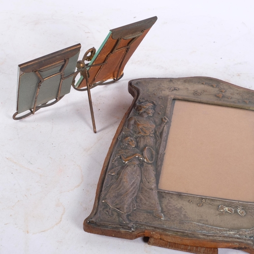 288 - An Art Nouveau silver plate on copper photo frame with oak mount, H25cm, and a small pair of linked ... 