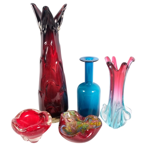 302 - Blue glass bottle vase, 25cm, Art glass bowls, and 2 vases