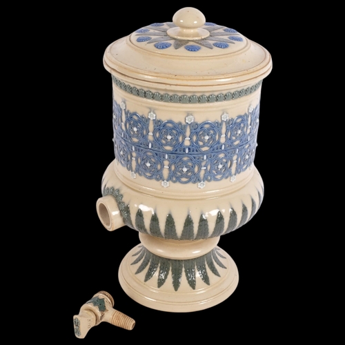 304 - A Victorian Doulton stoneware water filter, with cover and tap, having applied foliate and floral de... 