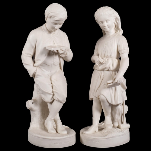 307 - A pair of Copeland Parian Ware figures of children, by C Halse, titled Young England, H40cm