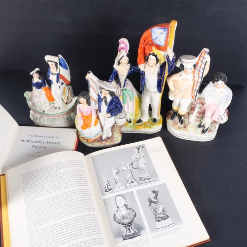 312 - 4 Victorian Staffordshire groups, tallest 28cm, and 2 Staffordshire figure collector's books