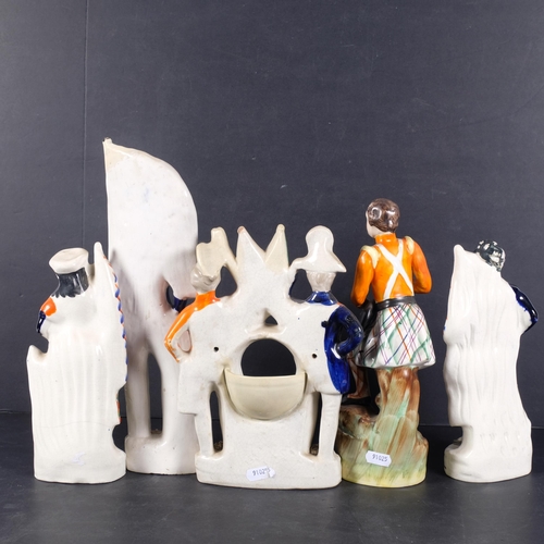 317 - 5 Victorian Staffordshire figures, including sailor with flag, 33.5cm, a Crimean sailor, and a clock... 