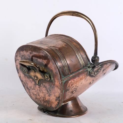 330 - A Victorian copper coal scuttle, with banded decoration, L43cm