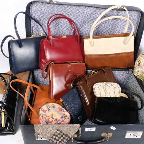 339 - Assorted Vintage lady's handbags, hats, evening purse, vanity case, etc