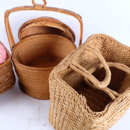 345 - A wicker shopping basket, a lidded basket and another, and a hat