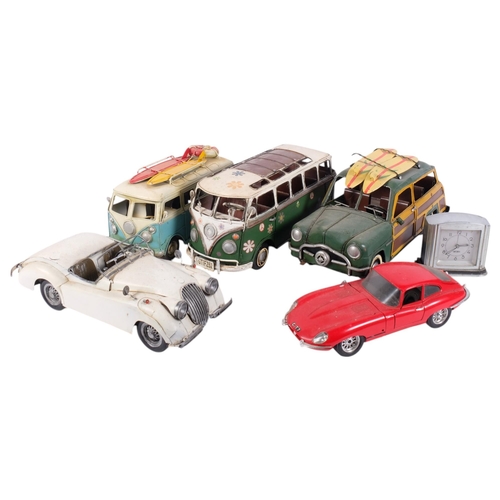 349 - Various painted tinplate model vehicles, including a dormobile and E-Type Jaguar