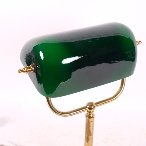 355 - An adjustable brass desk lamp, with green glass shade, H35cm