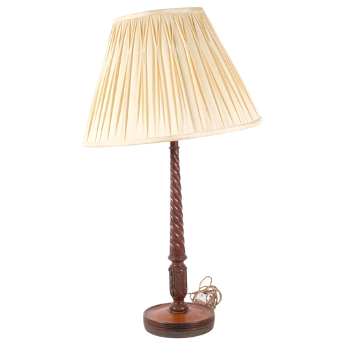 369 - A turned wood spiral column and acanthus leaf table lamp, with shade, H71cm overall