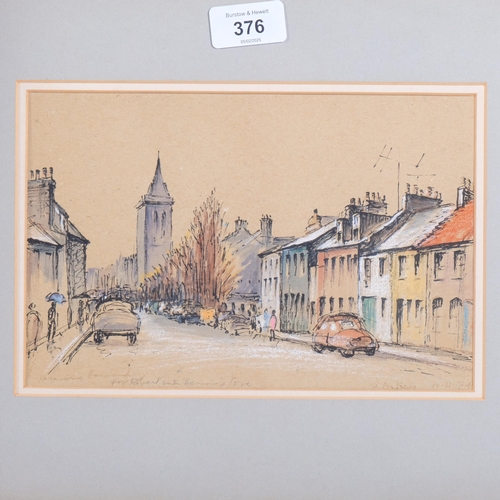 376 - Watercolour, figure on a country lane, a gouache, busy street scene, and a pen and ink drawing, figu... 