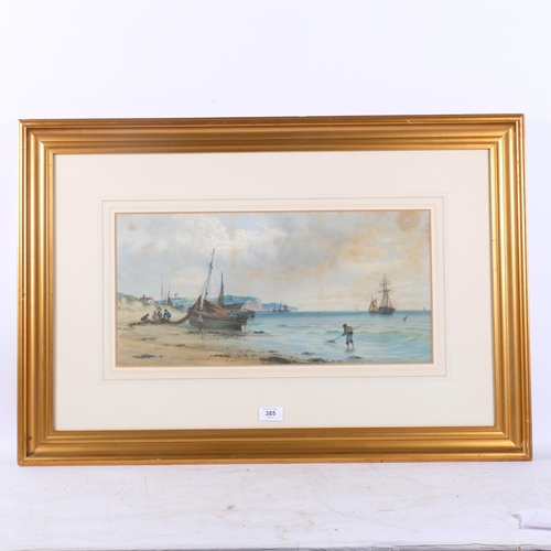 385 - J F Branegan, watercolour, fishing boats on the coast of Folkstone, 55cm x 81cm overall, framed