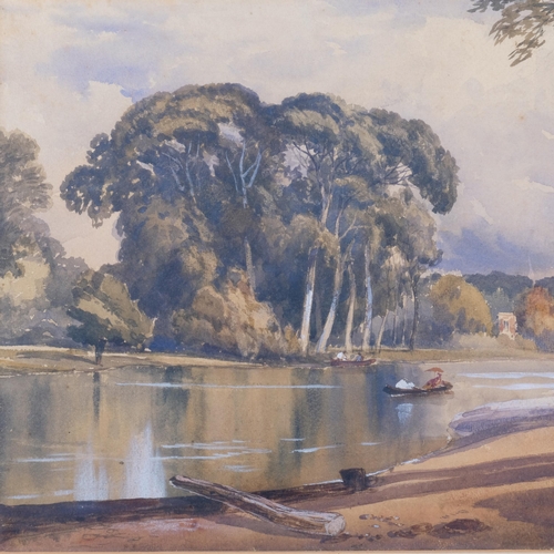 393 - Victorian watercolour, figures in rowing boats along the river, 52cm x 67cm overall, framed