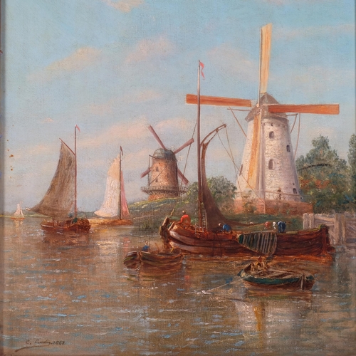 400 - Oil on canvas, river view with Dutch fishing boats and windmills, signed and dated lower left, with ... 