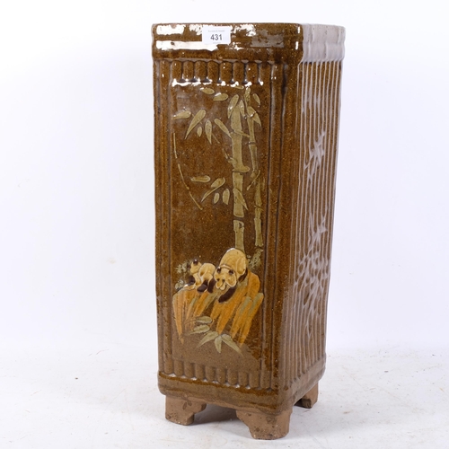 431 - A Chinese stoneware stick stand, with painted design of pandas and bamboo, H53.5cm