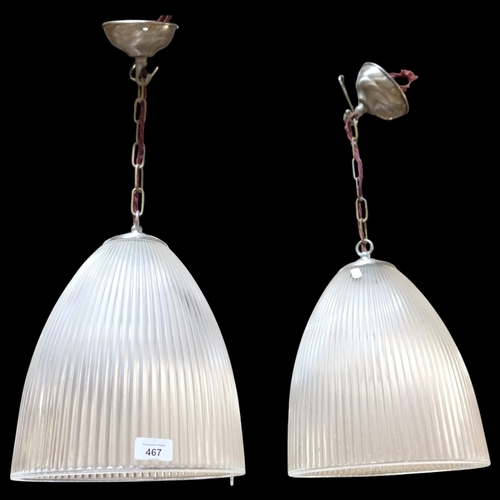 467 - A pair of moulded glass hanging ceiling light fittings, shade H35cm, D27cm