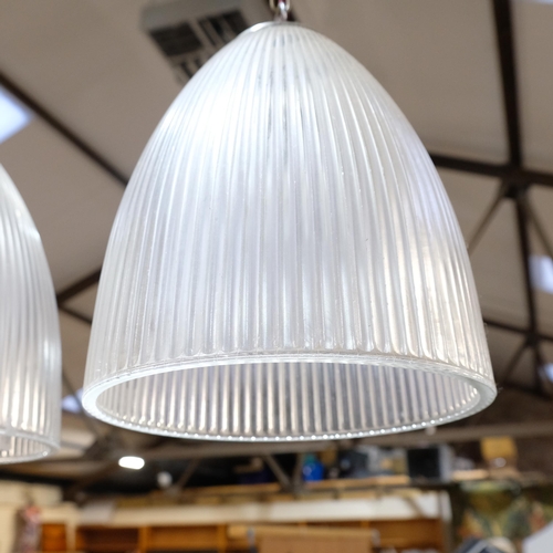 467 - A pair of moulded glass hanging ceiling light fittings, shade H35cm, D27cm