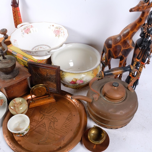 471 - Various collectables, including Vintage oak barrel tobacco jar, coffee grinder, copper kettle, etc