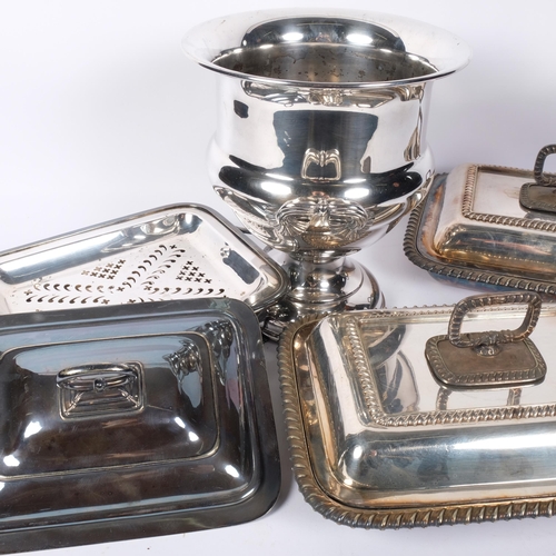 479 - 3 Antique silver plated entree dishes, and a Cavalier silver plated wine cooler, 24cm (4)