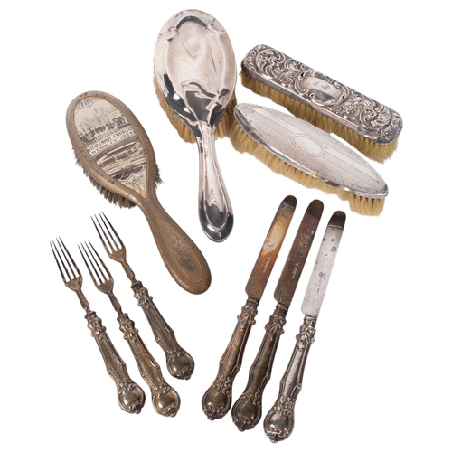 481 - Various silver, including George IV silver bladed dessert cutlery, silver dressing table brushes, an... 