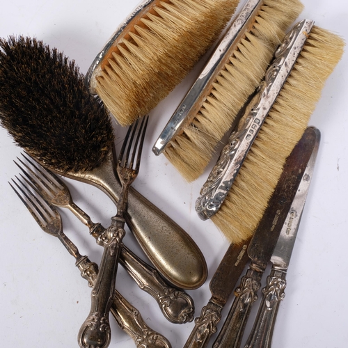 481 - Various silver, including George IV silver bladed dessert cutlery, silver dressing table brushes, an... 