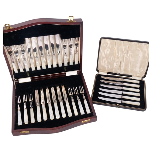 482 - A cased set of mother-of-pearl handled silver plated dessert cutlery for 12 people, and a cased set ... 